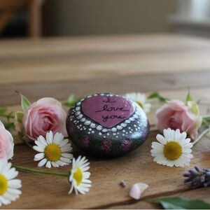 Hand crafted painted heart rock I Love You black stone dots pink floral white